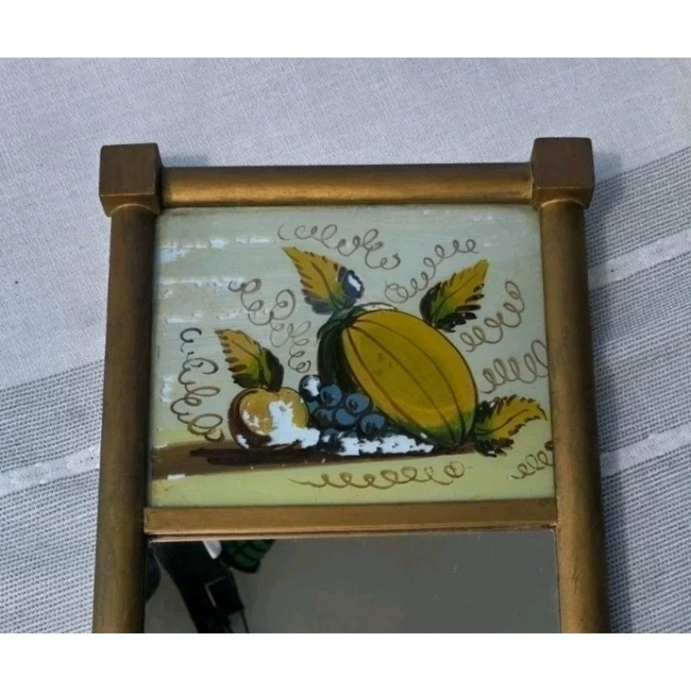 VTG 10x19.5 Gold Wood Wall Mirror Reverse Painted‎ Fruit Rustic Cottage